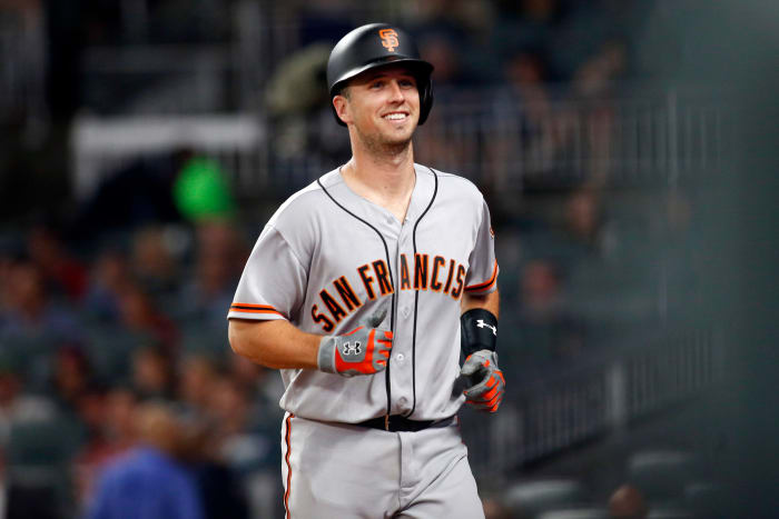 SF Giants catcher Buster Posey (28) smiles after hitting a home run. (2017)